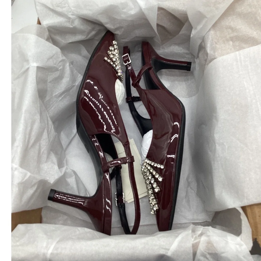 A New Day Womens Burgundy Patent Rhinestone‎ Slingback Kitten Heel Pumps Size 11